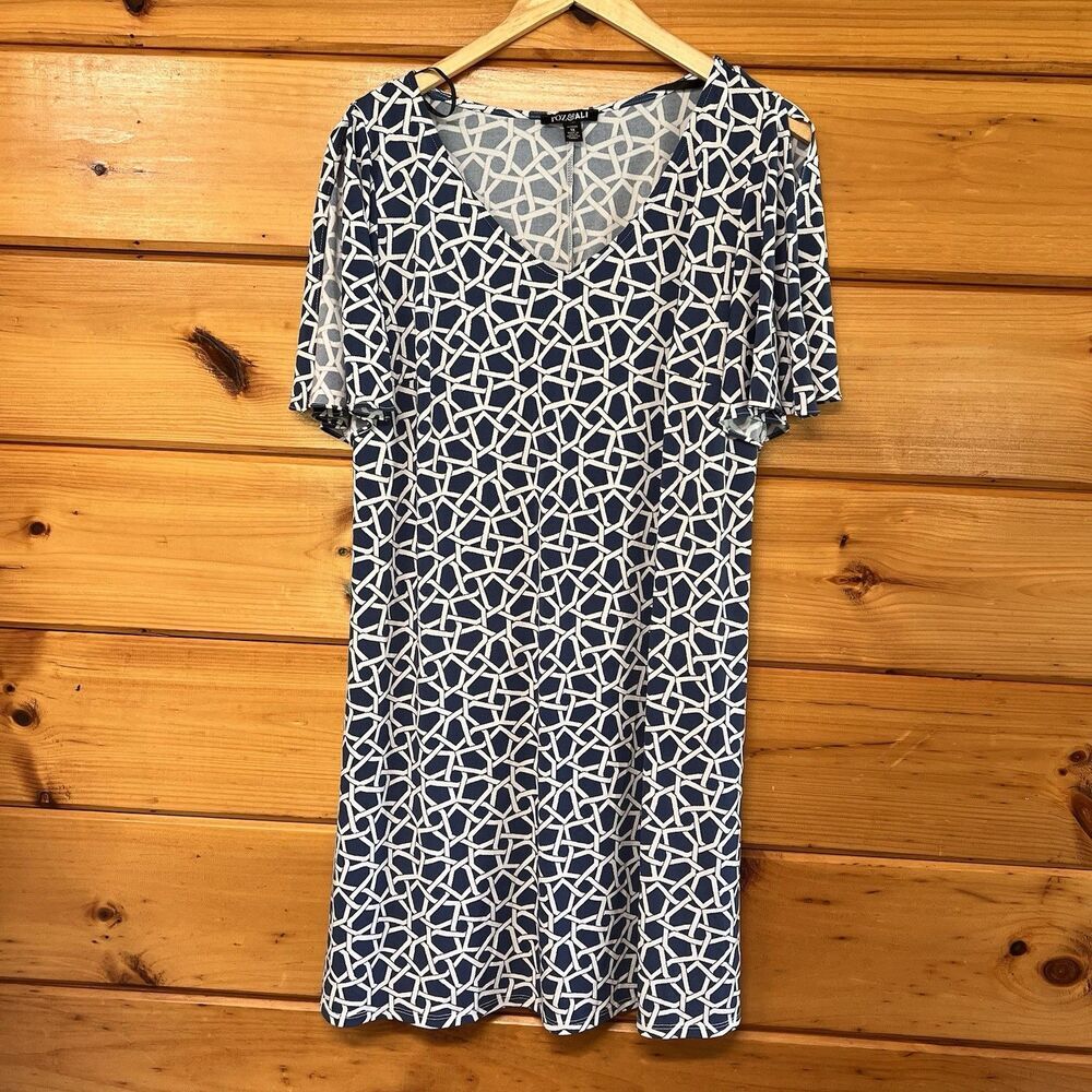 Roz & Ali Slit Sleeve 1X Shift Dress Blue White Cottage Beach Coastal Stretch